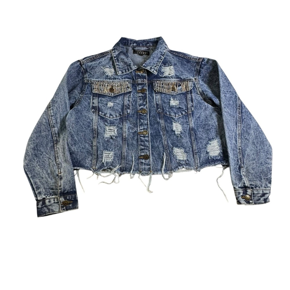 Thrill Jeans Jacket Women's Large Distressed Dangling Rhinestone Pocket Denim
